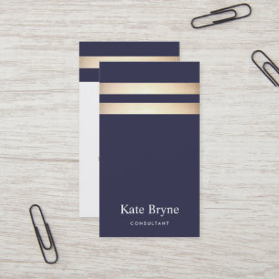 Elegant Navy Blue en Faux Gold Foil Stripe Visitekaartje