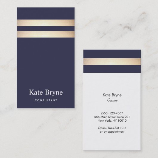 Elegant Navy Blue en Faux Gold Foil Stripe Visitekaartje (Voorkant / Achterkant)