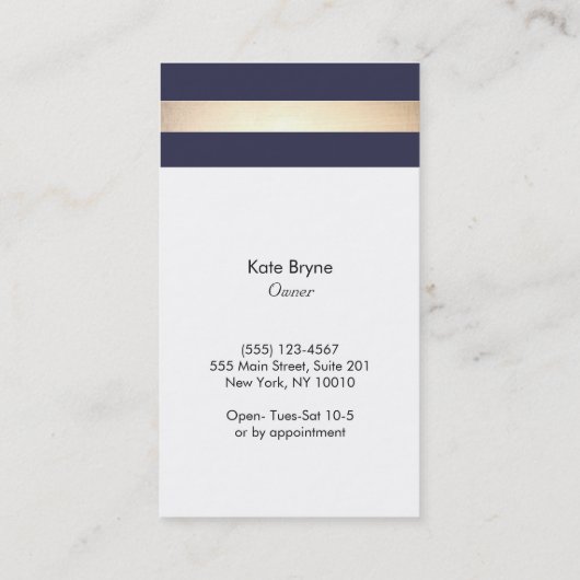 Elegant Navy Blue en Faux Gold Foil Stripe Visitekaartje (Achterkant)