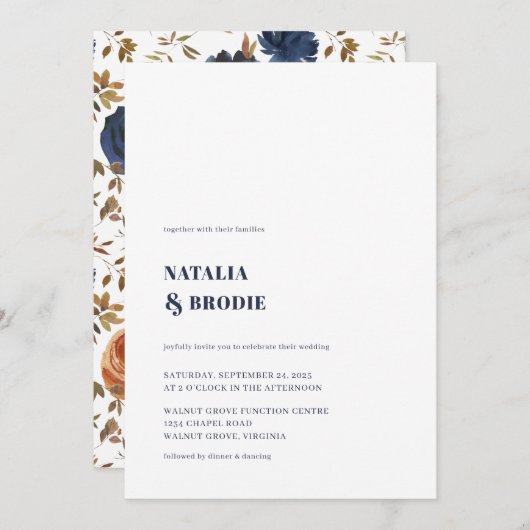 Elegant NAVY BLUE en Floral Wedding Invitation Kaart (Voorkant / Achterkant)