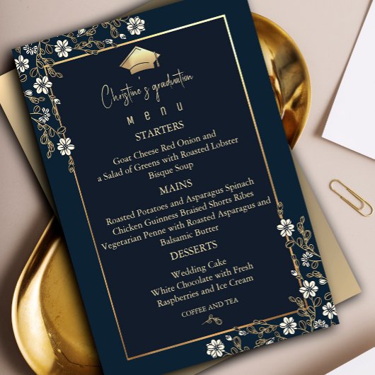 Elegant Navy Blue en Gold Afstuderen Menu Kaart