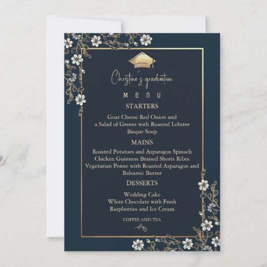 Elegant Navy Blue en Gold Afstuderen Menu Kaart (Voorkant)