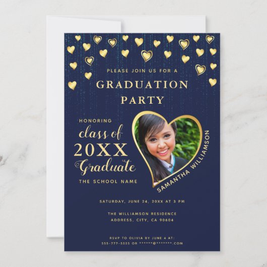 Elegant Navy Blue en Gold Class 2025 Afstuderen Kaart (Voorkant)