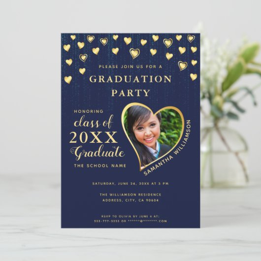 Elegant Navy Blue en Gold Class 2025 Afstuderen Kaart (Staand voorkant)