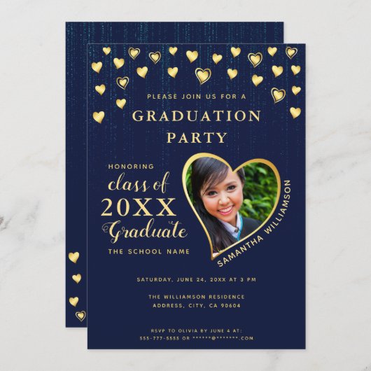 Elegant Navy Blue en Gold Class 2025 Afstuderen Kaart (Voorkant / Achterkant)