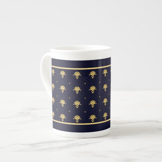 Elegant Navy Blue en Gold Damask Porselein Kop (Links)