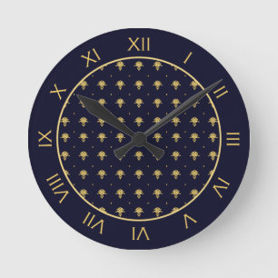 Elegant Navy Blue en Gold Damask Ronde Klok