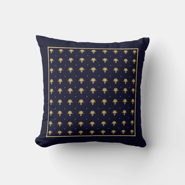 Elegant Navy Blue en Gold Damask Square Border Kussen (Voorkant)