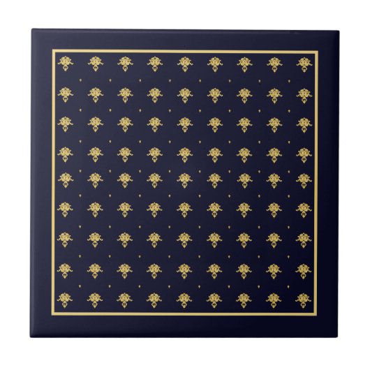 Elegant Navy Blue en Gold Damask Tegeltje (Voorkant)