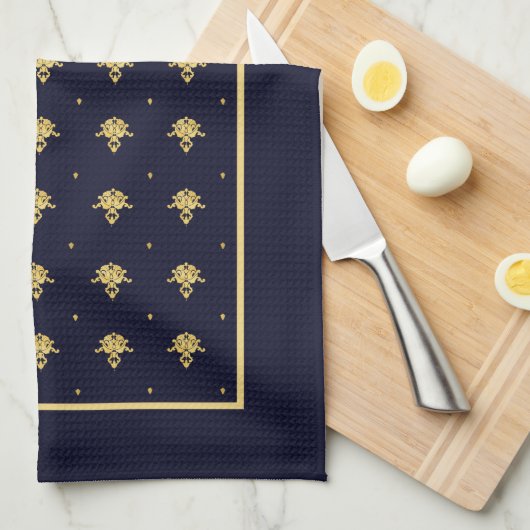 Elegant Navy Blue en Gold Damask Theedoek (Quarter Fold)