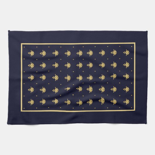 Elegant Navy Blue en Gold Damask Theedoek (Horizontaal)