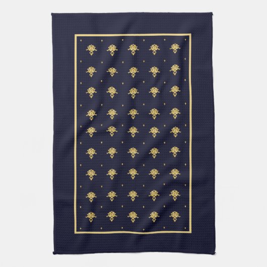 Elegant Navy Blue en Gold Damask Theedoek (Verticaal)