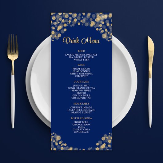 Elegant Navy Blue en Gold Drink Menu