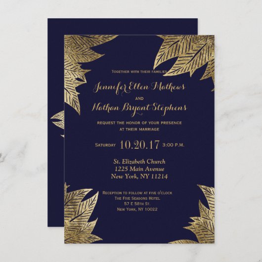 Elegant Navy Blue en Gold Faux Drawn Leaf Pattern Kaart (Voorkant / Achterkant)