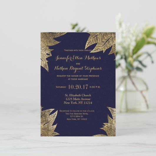 Elegant Navy Blue en Gold Faux Drawn Leaf Pattern Kaart (Staand voorkant)