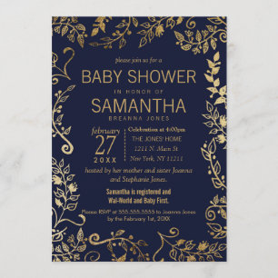 Elegant Navy Blue en Gold Floral Baby shower Kaart