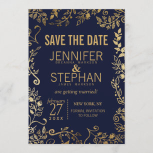 Elegant Navy Blue en Gold Floral Save the Dates Kaart