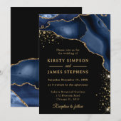 Elegant Navy Blue en Gold Glitter Agate Wedding Kaart (Voorkant / Achterkant)