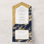 Elegant Navy Blue en Gold Glitter Marble Wedding All In One Uitnodiging (Binnen)