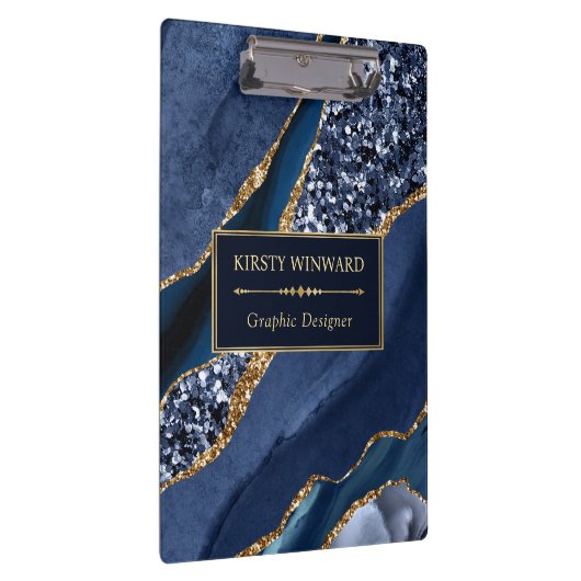 Elegant Navy Blue en Gold Glitter Ocean Agate Klembord (Rechts)