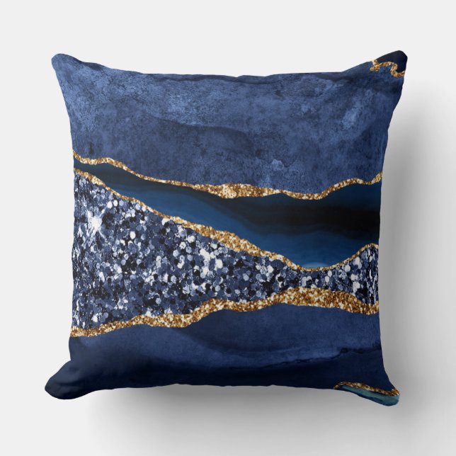 Elegant Navy Blue en Gold Glitter Ocean Agate Kussen (Voorkant)