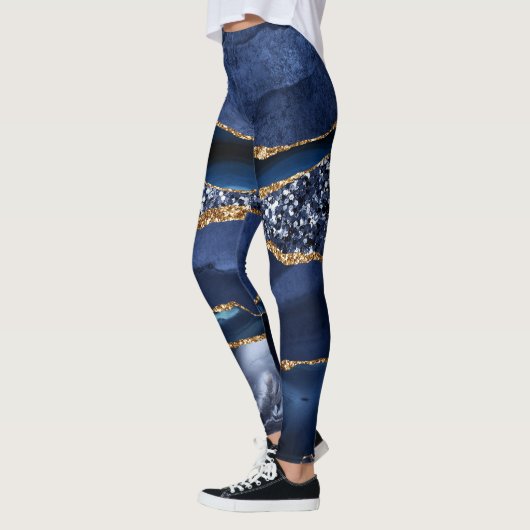 Elegant Navy Blue en Gold Glitter Ocean Agate Leggings (Links)