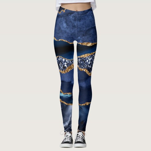 Elegant Navy Blue en Gold Glitter Ocean Agate Leggings (Voorkant)
