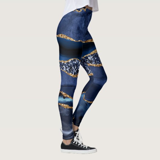 Elegant Navy Blue en Gold Glitter Ocean Agate Leggings (Rechts)