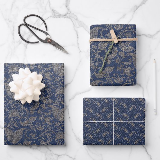 Elegant Navy Blue en Gold Pattern Inpakpapier Vel (Voorkant)