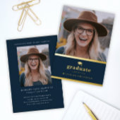 Elegant Navy Blue en Gold Photo Afstuderen Folie Uitnodiging