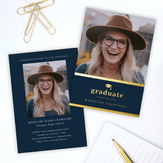 Elegant Navy Blue en Gold Photo Afstuderen Folie Uitnodiging