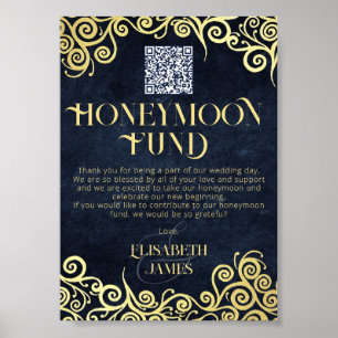 Elegant Navy Blue en Gold QR Code Honeymoon Fund Poster