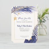 Elegant Navy Blue en Gold Tropical Holiday Party Kaart (Staand voorkant)