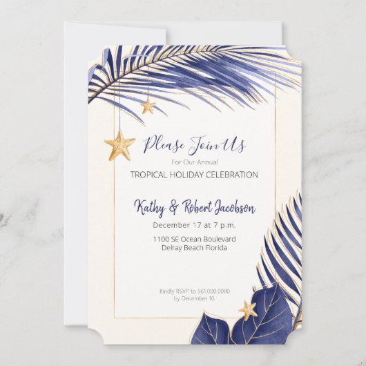 Elegant Navy Blue en Gold Tropical Holiday Party Kaart (Voorkant)