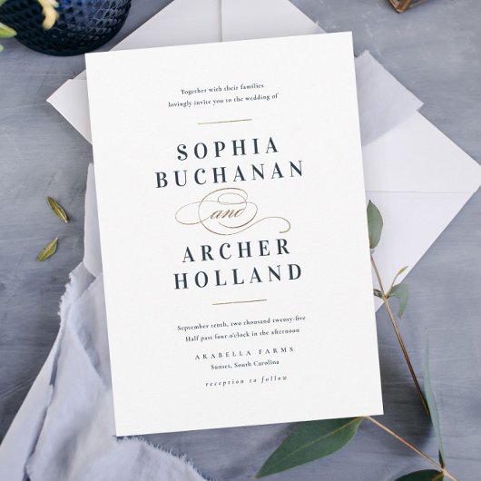 Elegant Navy Blue en Gold Wedding Kaart