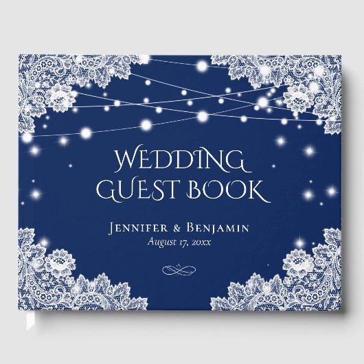 Elegant Navy Blue en Lace Wedding Guest Book Gastenboek (Voorkant)