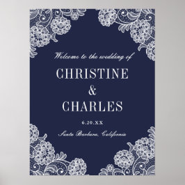 Elegant Navy Blue en Lace | Welkomstteken voor bru Poster