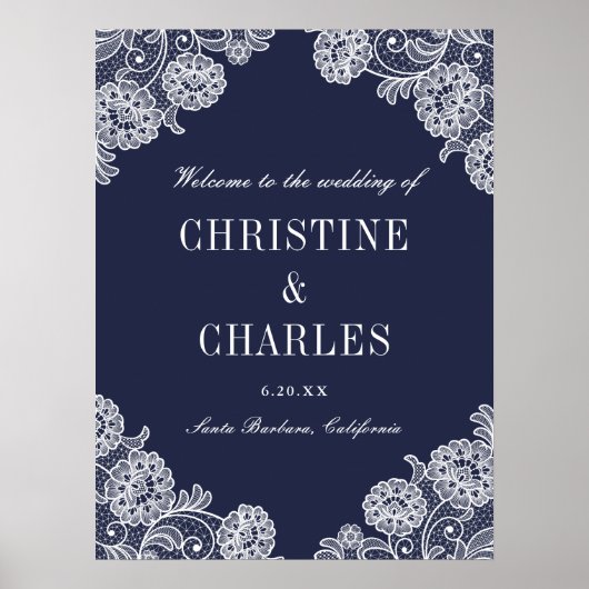 Elegant Navy Blue en Lace | Welkomstteken voor bru Poster (Voorkant)