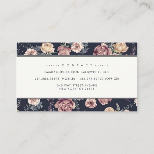 Elegant Navy Blue en Mauve Floral | WATERVERF Visitekaartje (Achterkant)
