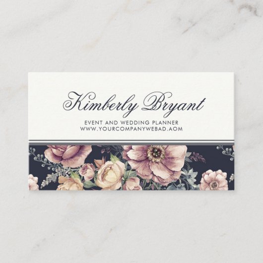Elegant Navy Blue en Mauve Floral | WATERVERF Visitekaartje (Voorkant)