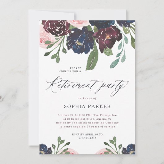 Elegant Navy Blue en Plum Bloemen Pensioen Partij Kaart (Voorkant)