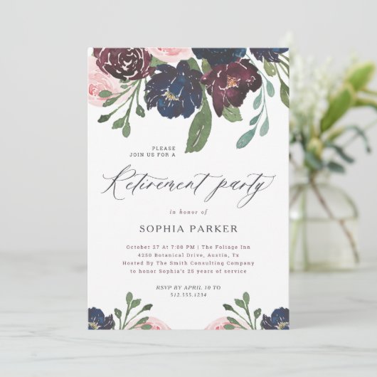 Elegant Navy Blue en Plum Bloemen Pensioen Partij Kaart (Staand voorkant)