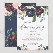 Elegant Navy Blue en Plum Bloemen Pensioen Partij Kaart (Voorkant / Achterkant)