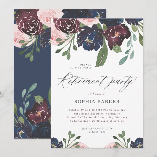 Elegant Navy Blue en Plum Bloemen Pensioen Partij Kaart (Voorkant / Achterkant)