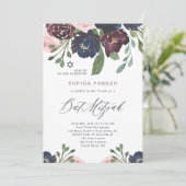 Elegant Navy Blue en Plum Floral | Bat Mitzvah Kaart (Staand voorkant)