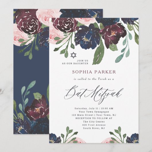 Elegant Navy Blue en Plum Floral | Bat Mitzvah Kaart (Voorkant / Achterkant)