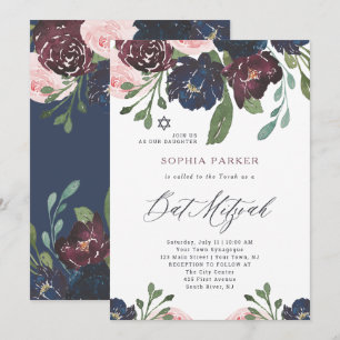 Elegant Navy Blue en Plum Floral   Bat Mitzvah Kaart