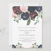 Elegant Navy Blue en Plum Floral | Bruiloft Kaart (Voorkant)