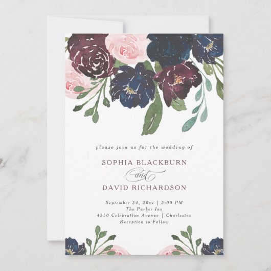 Elegant Navy Blue en Plum Floral | Bruiloft Kaart (Voorkant)