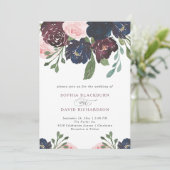 Elegant Navy Blue en Plum Floral | Bruiloft Kaart (Staand voorkant)